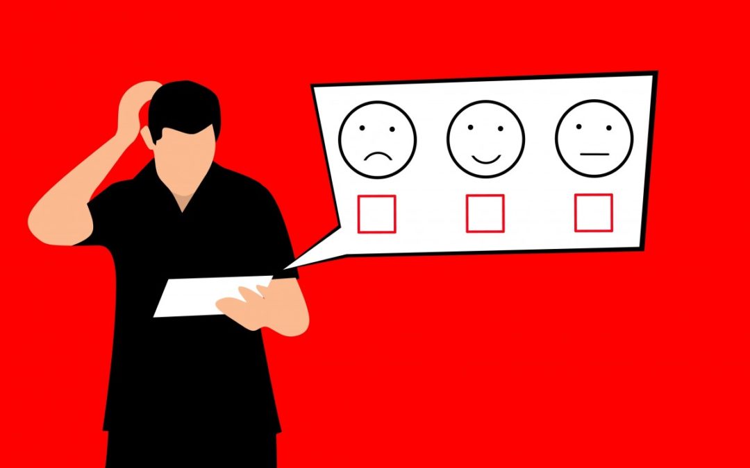 Illustration of a person holding a feedback survey