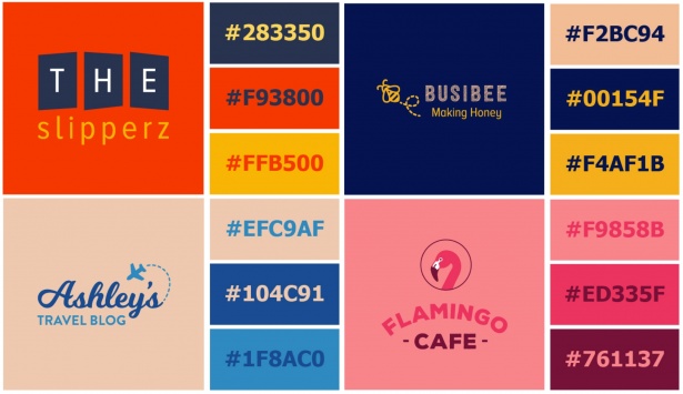 A palette showing several brand logos and color shades with codes