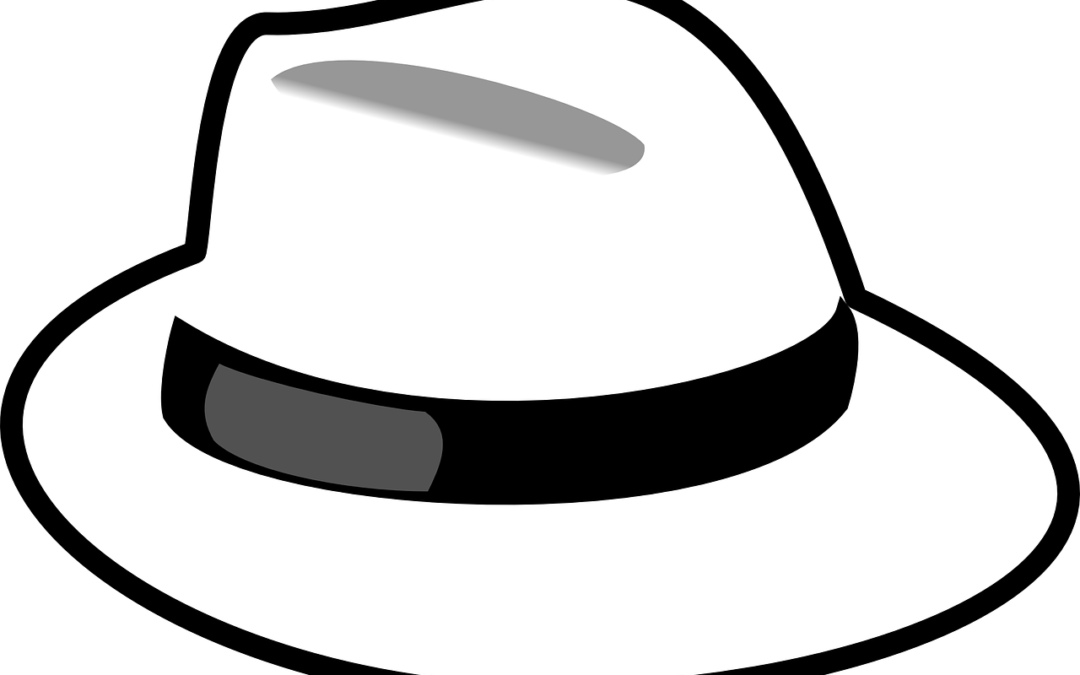A digital render of a traditional white hat with a black stripe around
